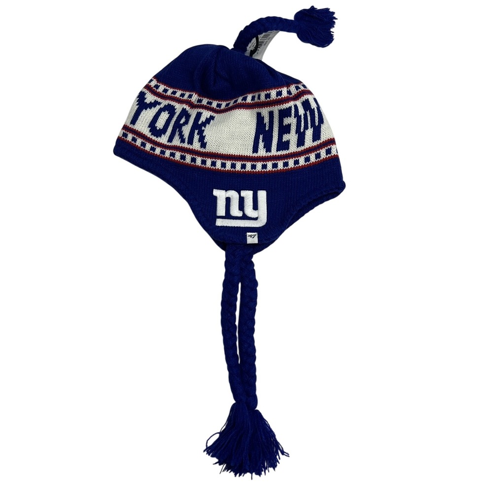 New York Giants 47 Brand NFL Peruvian Earflap Beanie Hat Blue White One Size NWT